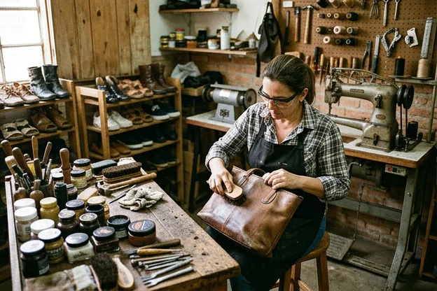 Cuidando de uma bolsa de couro em um local de sapateiro.