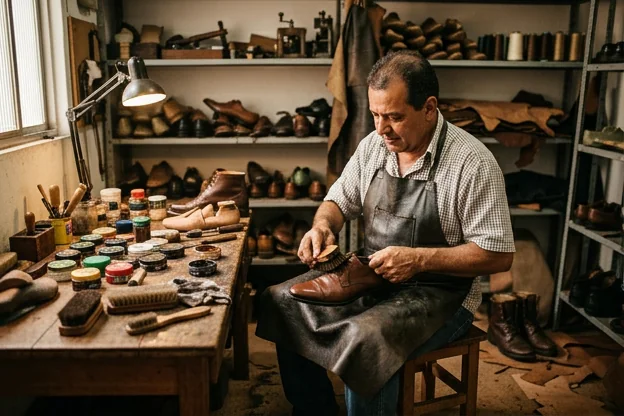 Pessoa cuidando de sapatos em um local de sapateiro.