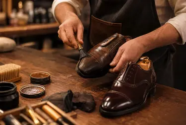 Reformando sapatos sociais em um ambiente de sapateiro.
