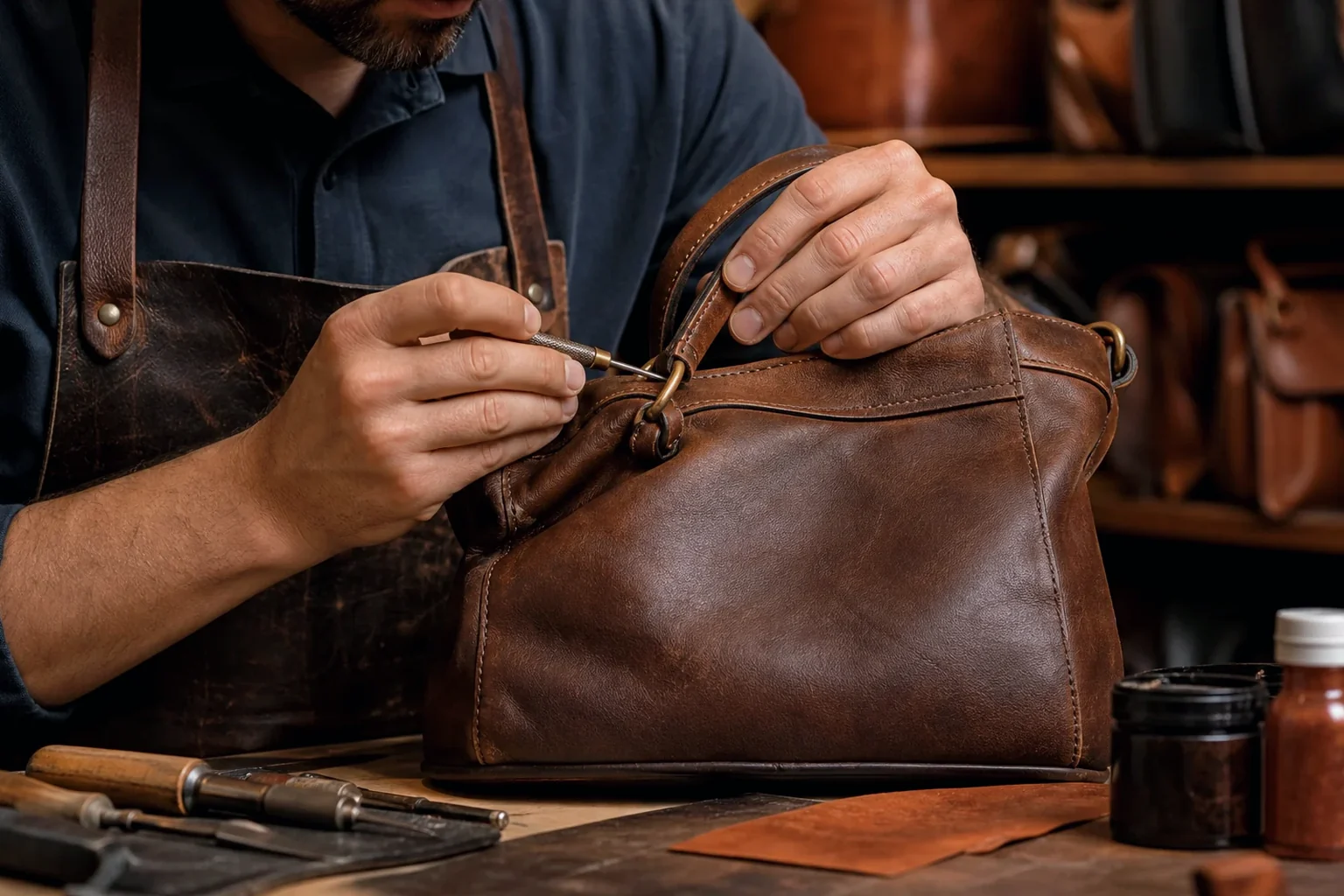 Reformando uma bolsa de couro em um ambiente de sapateiro.