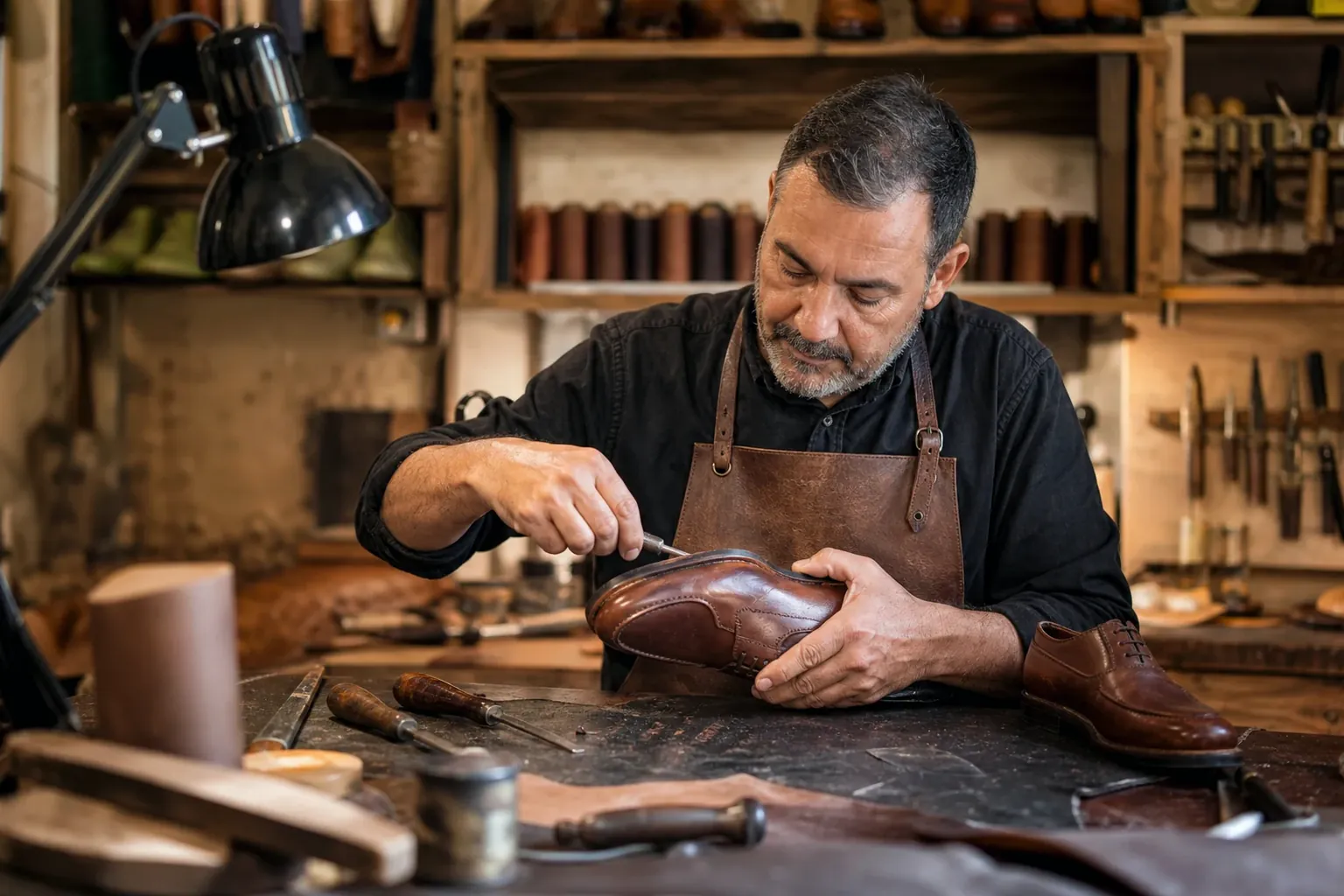 Sapateiro em Itu trabalhando com calçados, rodeado por ferramentas e materiais de conserto.